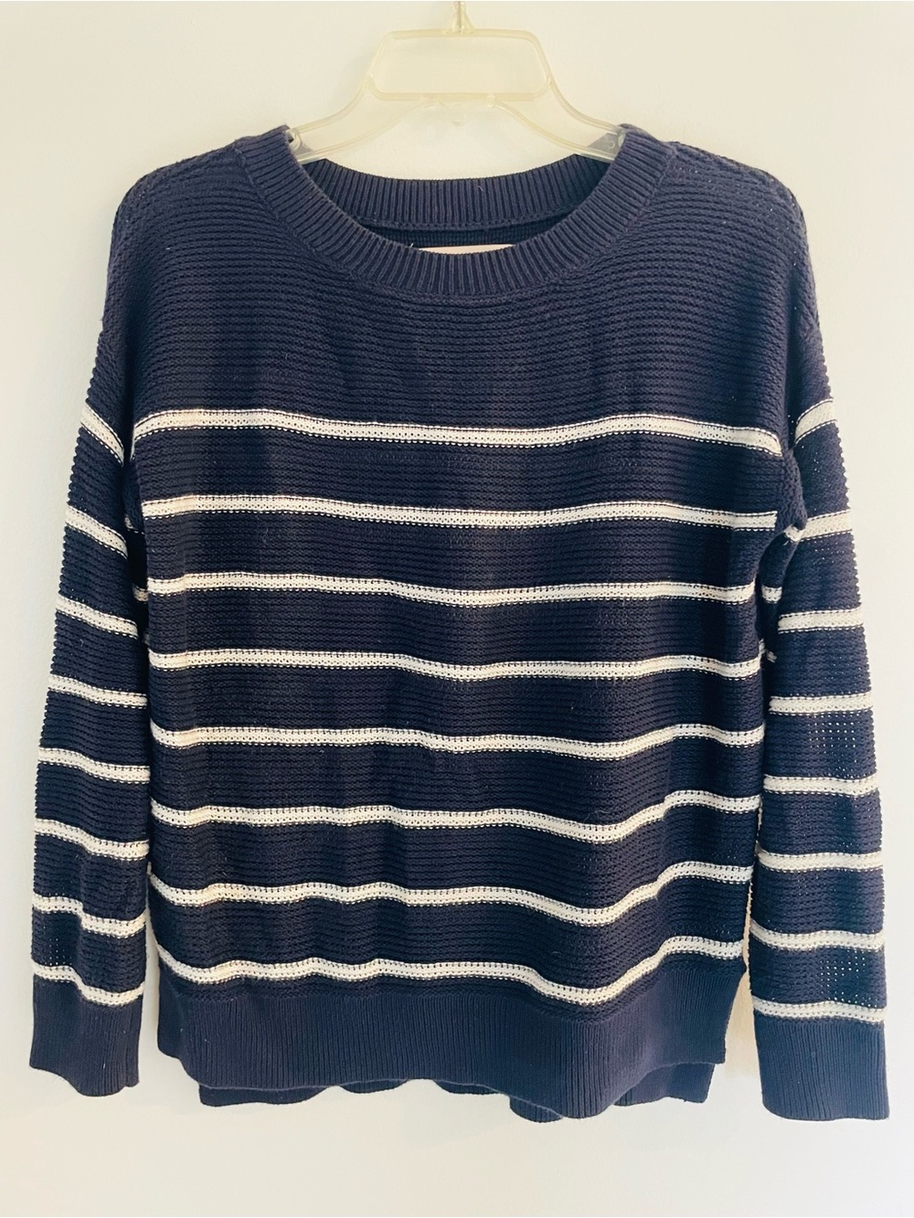 Talbots Navy and White Striped Crewneck Sweater, Size Petite M